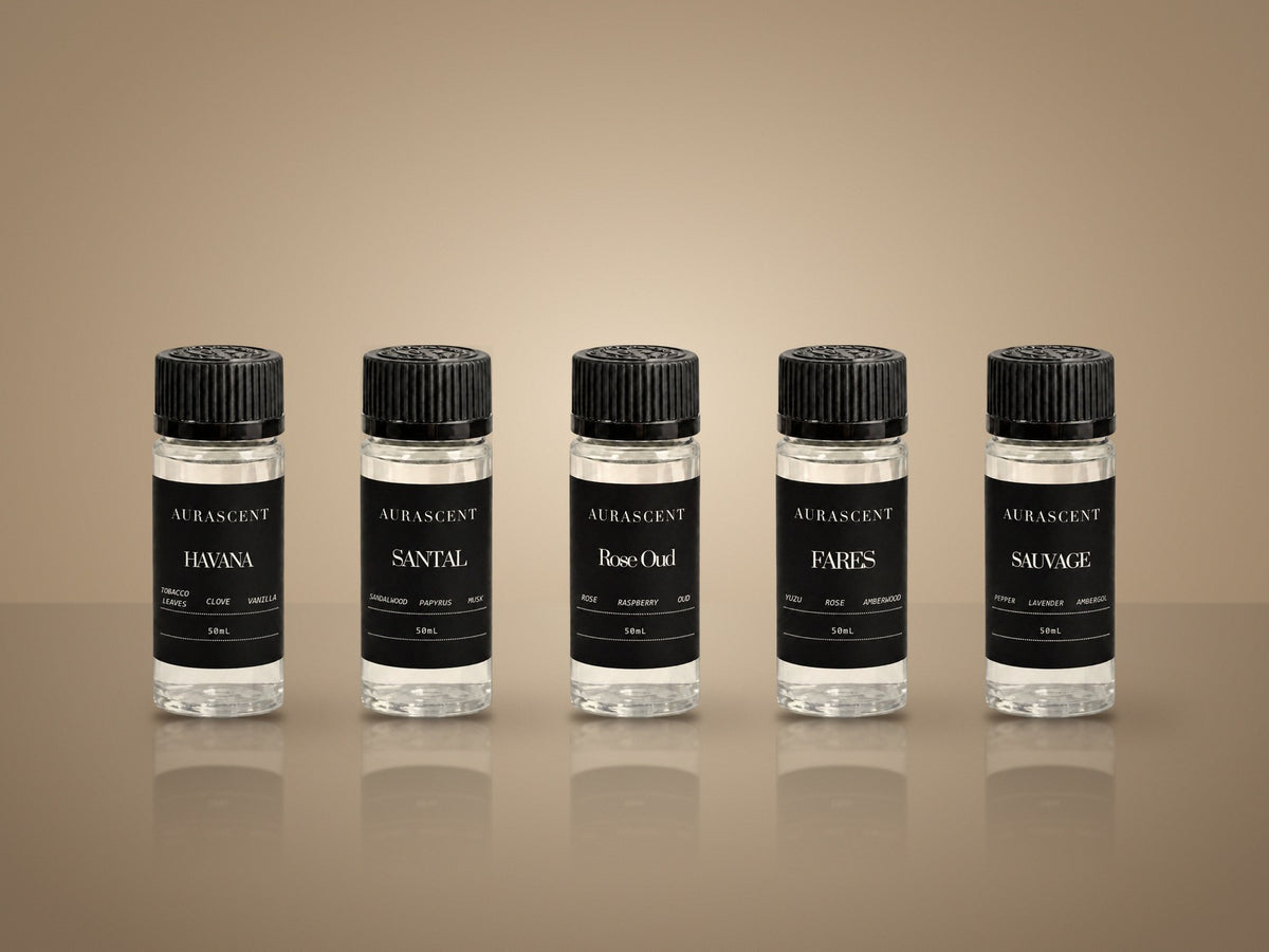The five new AuraScent oils: Havana, Santal, Rose Oud, Fares and Sauvage